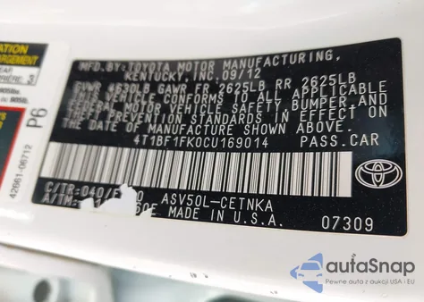 2012 Toyota Camry Se/Le/Xle from USA, damaged, VIN 4T1BF1FK0CU169014